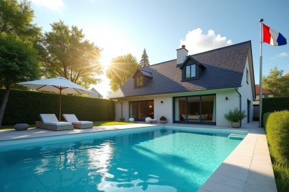 Maison familiale moderne avec piscine bleue dans le jardin