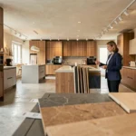 Showroom d'un cuisiniste dans les Landes avec plusieurs cuisines exposées et une designer présentant des échantillons de matériaux