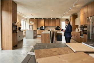 Showroom d'un cuisiniste dans les Landes avec plusieurs cuisines exposées et une designer présentant des échantillons de matériaux