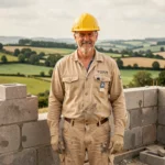 Maçon professionnel devant un chantier de maçonnerie dans la Loire avec paysage rural en arrière-plan