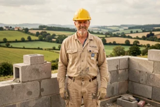 Maçon professionnel devant un chantier de maçonnerie dans la Loire avec paysage rural en arrière-plan