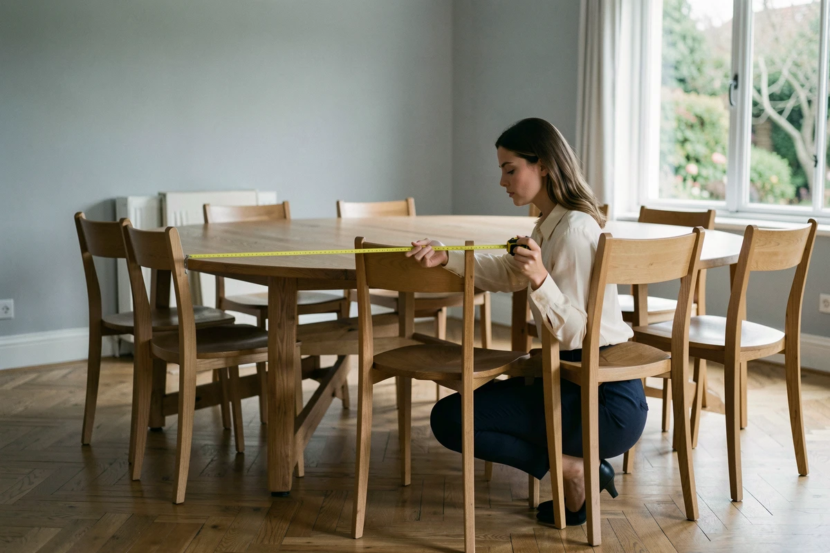 Designer d'intérieur mesurant le diamètre d'une table ronde pour 10 personnes avec un mètre ruban dans une salle à manger spacieuse