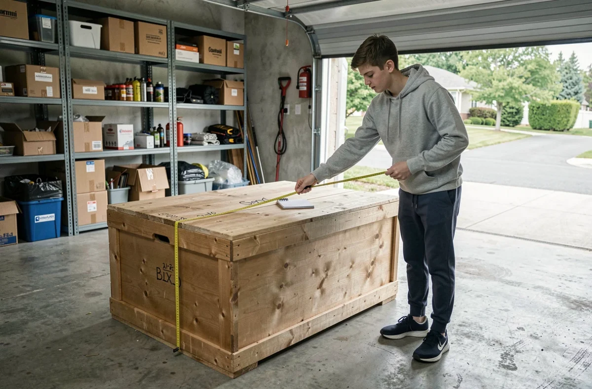 Adolescent mesurant les dimensions d'une caisse en bois dans un garage pour calculer son volume en mètres cubes