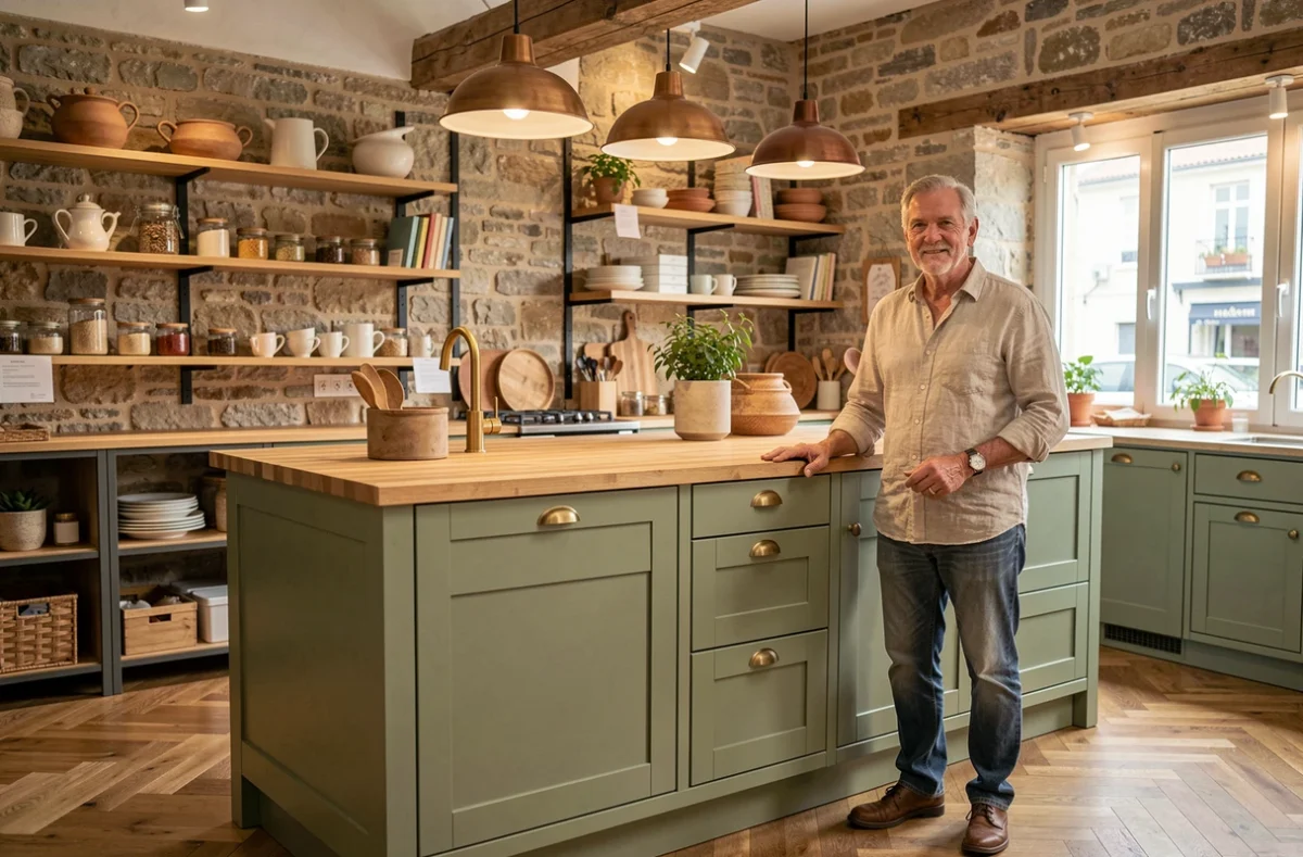 Vendeur de Monchatre à Saint-Vincent-de-Tyrosse devant une cuisine style shaker vert sauge avec plan de travail en bois massif