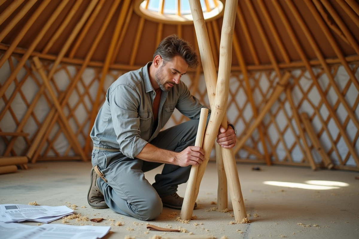 Homme assemblant les panneaux en treillis d'un kit de yourte en intérieur, étape de montage de la structure en bois