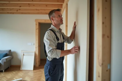 Hommes en overalls posant du platre sans rails dans une rénovation