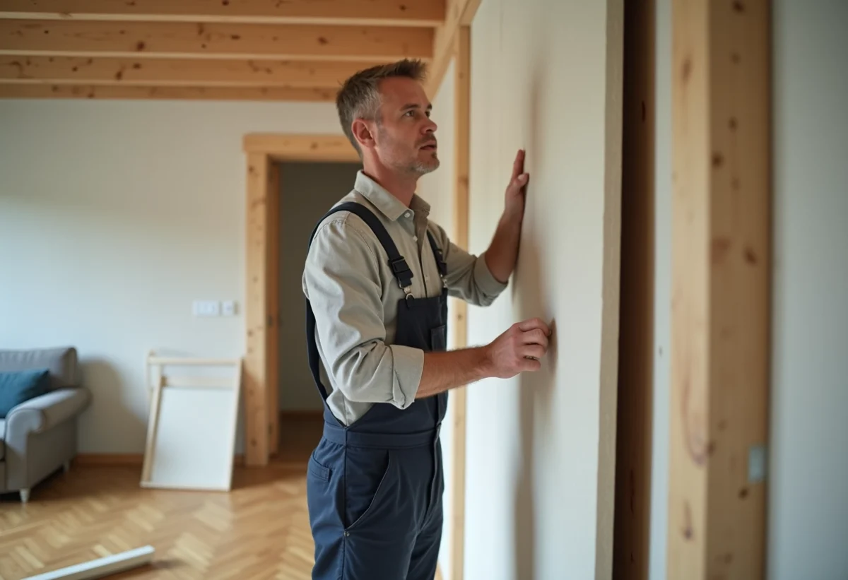 Hommes en overalls posant du platre sans rails dans une rénovation