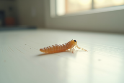 Gros plan sur une mouche maggot sur un plan de travail blanc