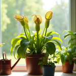 Nepenthes en cuisine lumineuse avec outils de jardinage