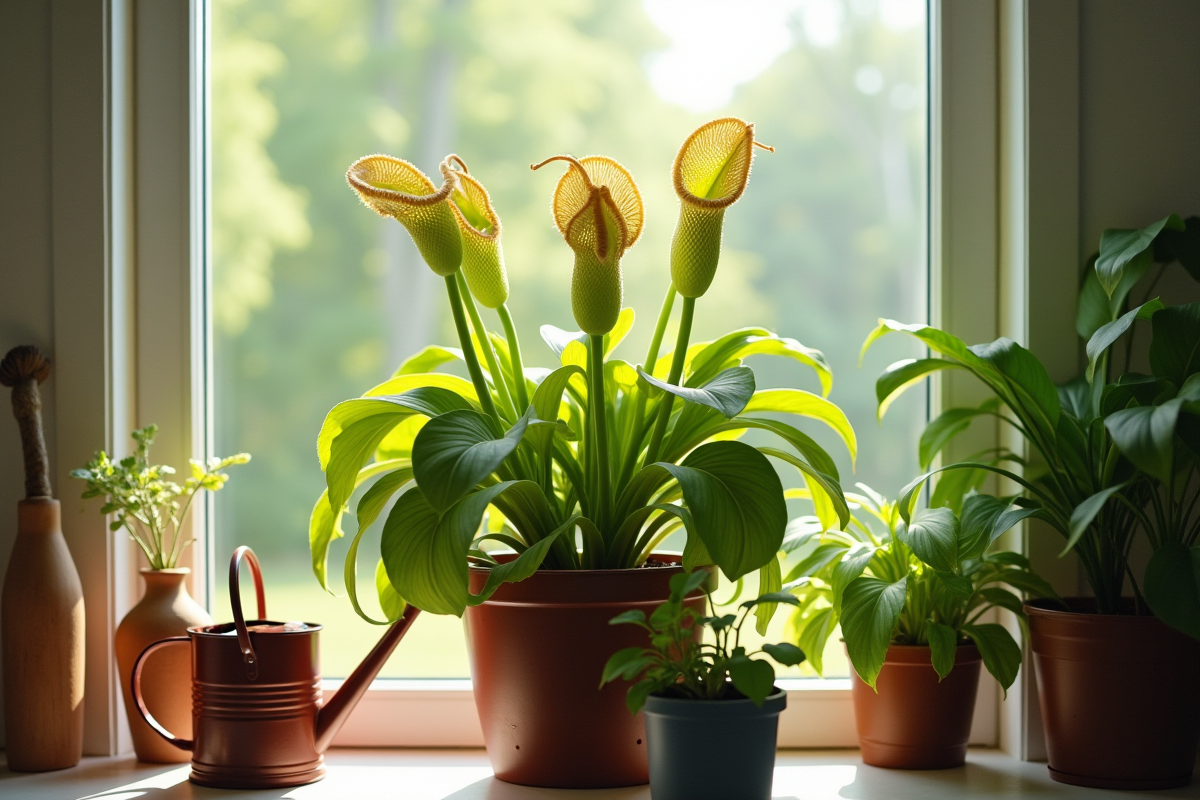 Nepenthes en cuisine lumineuse avec outils de jardinage