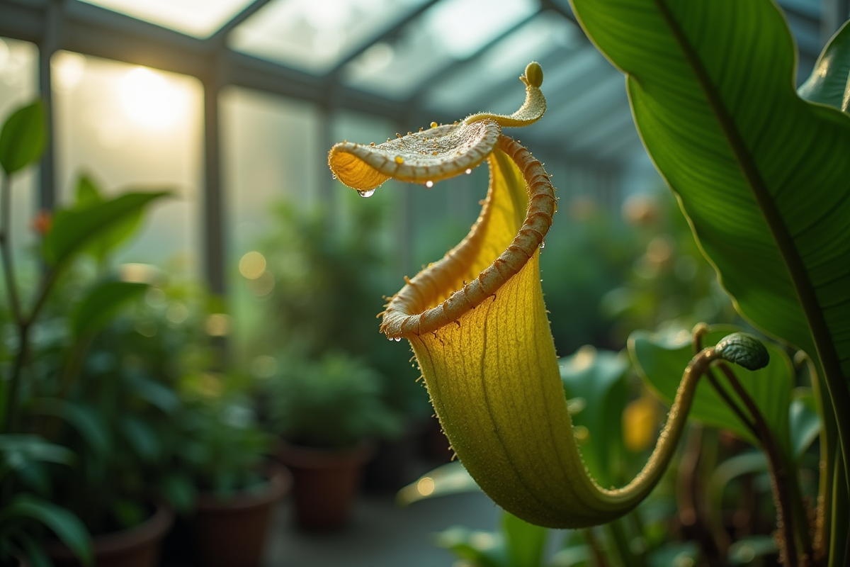 Nepenthes dans une serre tropicale avec gouttes d