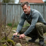 Homme effectuant la taille d'arbustes envahissants lors d'un nettoyage de printemps dans un jardin négligé