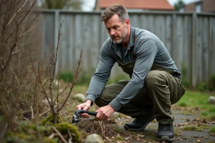Homme effectuant la taille d'arbustes envahissants lors d'un nettoyage de printemps dans un jardin négligé