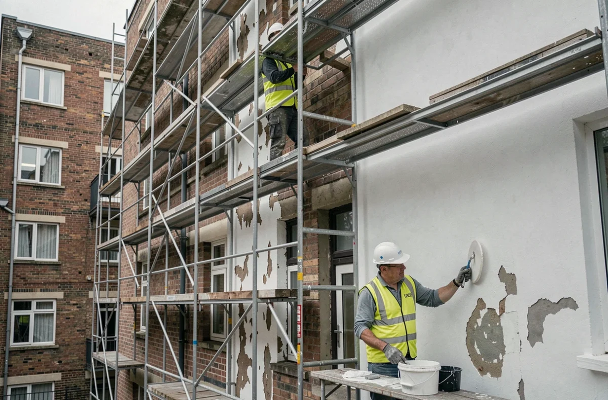 Ouvriers NSI Bâtiment réalisant un ravalement avec isolation de façade sur un immeuble du 92