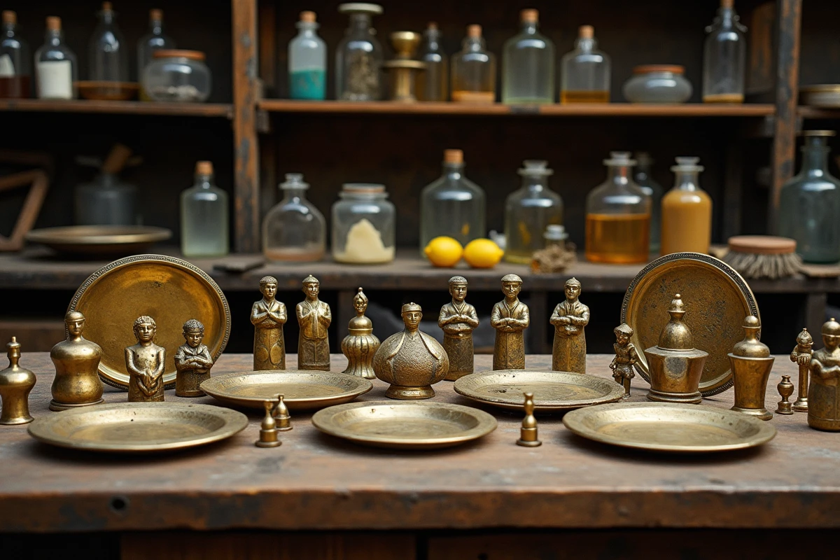 Collection d'objets en laiton ternis et restaurés sur un établi d'atelier avec produits naturels de polissage