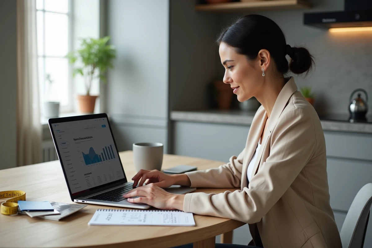 Femme utilisant un outil en ligne d'estimation de travaux de rénovation appartement
