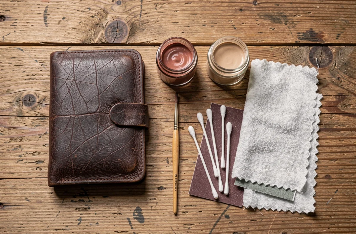 Vue à plat des outils et produits nécessaires pour rénover du cuir abîmé à la maison