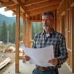 Ouvrier de construction étudiant des plans près d'une cabane en bois