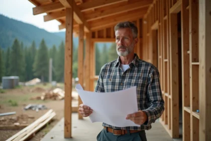 Ouvrier de construction étudiant des plans près d'une cabane en bois