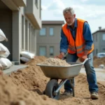 Ouvrier de construction mesurant du sable sur un site