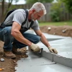 Ouvrier posant une canalisation en béton dans un jardin