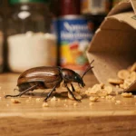 Gros plan d'un petit insecte brun sur une étagère de cuisine en bois près d'une boîte de céréales ouverte