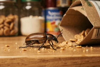 Gros plan d'un petit insecte brun sur une étagère de cuisine en bois près d'une boîte de céréales ouverte