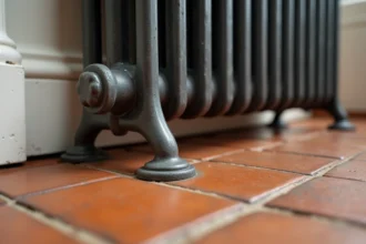 Pied de radiateur fonte avec embouts protecteurs en caoutchouc posé sur carrelage en terre cuite ancien