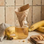 Piège à mouche vinaigre fait maison dans un bocal en verre avec entonnoir en papier sur un comptoir de cuisine rustique