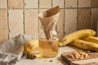 Piège à mouche vinaigre fait maison dans un bocal en verre avec entonnoir en papier sur un comptoir de cuisine rustique