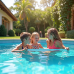 Piscine moderne dans un jardin ensoleille avec famille mesurant la profondeur