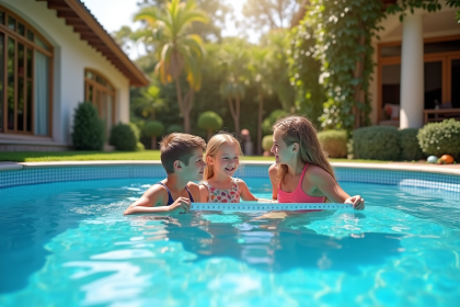 Piscine moderne dans un jardin ensoleille avec famille mesurant la profondeur