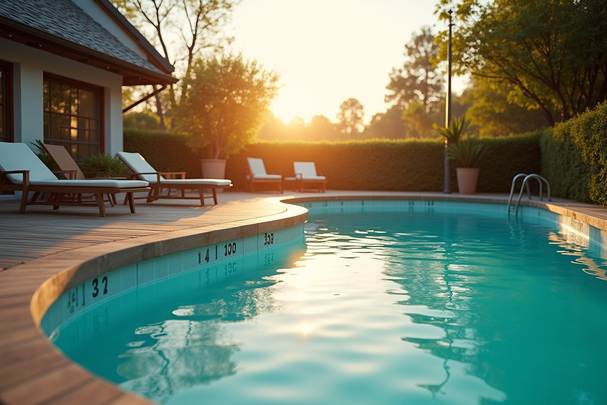 Piscine hors service sur terrasse en bois au lever du soleil