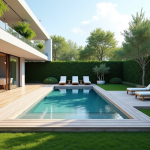 Piscine moderne dans un jardin avec terrasse en bois et plantes méditerranéennes