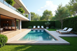 Piscine moderne dans un jardin avec terrasse en bois et plantes méditerranéennes