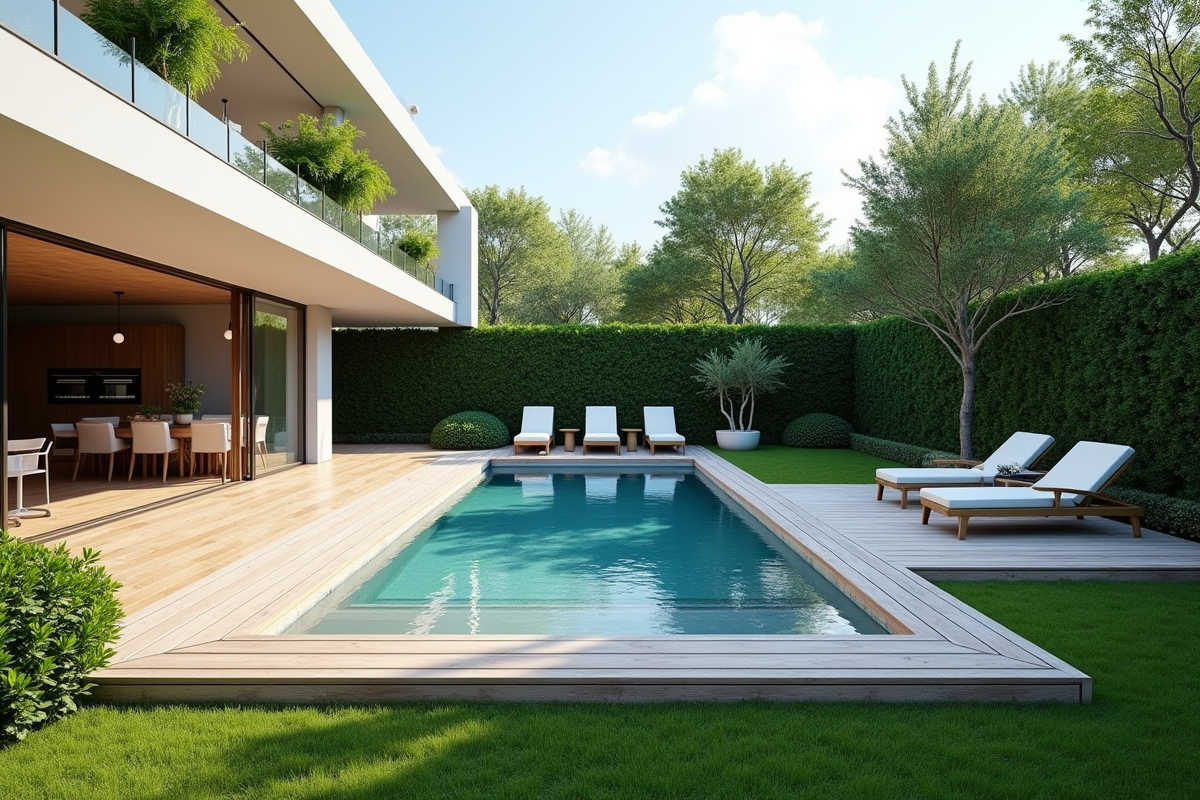 Piscine moderne dans un jardin avec terrasse en bois et plantes méditerranéennes