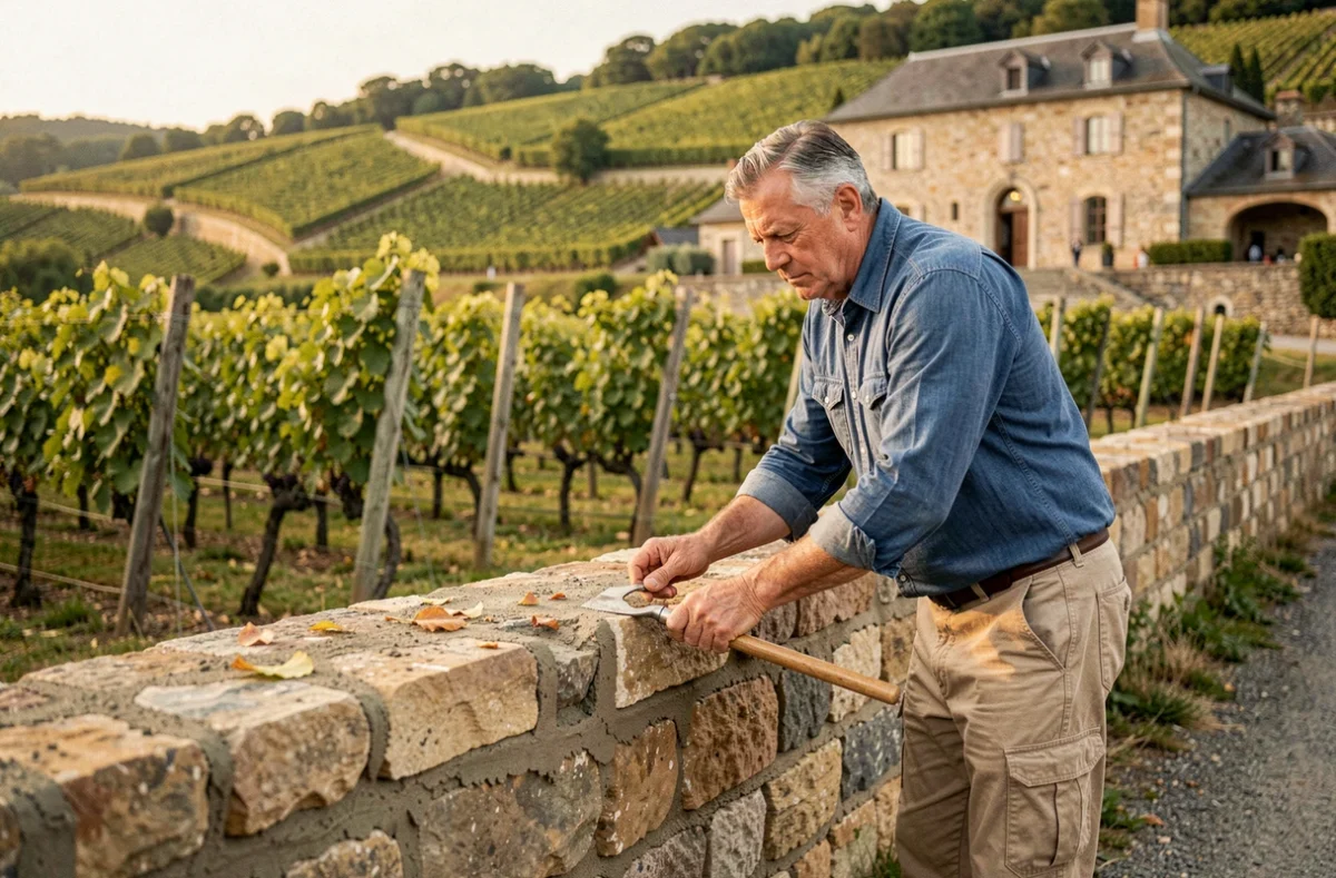 Maçon rejointoyant un mur en pierre au bord d'un vignoble dans la vallée du Rhône ligérienne pour Pitiot Père et Fils