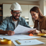 Entrepreneur et propriétaire examinant des plans dans une cuisine lumineuse