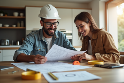 Entrepreneur et propriétaire examinant des plans dans une cuisine lumineuse