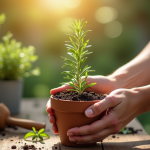 Main plantant un romarin frais dans un pot en terre