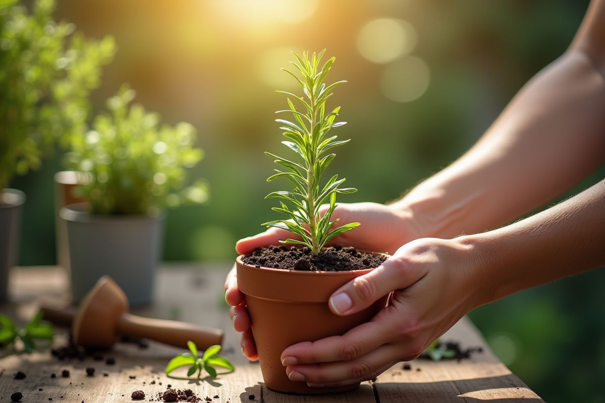 Main plantant un romarin frais dans un pot en terre
