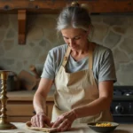 Femme polissant un chandelier en laiton terni avec un chiffon doux dans une cuisine rustique