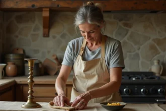 Femme polissant un chandelier en laiton terni avec un chiffon doux dans une cuisine rustique