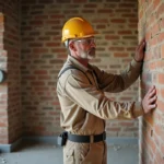Ouvrier posant un panneau d'isolation intérieure Effi 65 contre un mur en brique lors d'une rénovation appartement