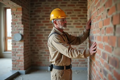 Ouvrier posant un panneau d'isolation intérieure Effi 65 contre un mur en brique lors d'une rénovation appartement