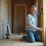 Homme mesurant l'encadrement d'une porte d'entrée en bois dans un couloir en cours de rénovation