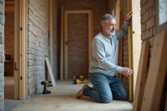 Homme mesurant l'encadrement d'une porte d'entrée en bois dans un couloir en cours de rénovation