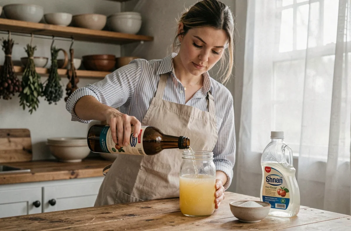 Femme préparant un piège à mouches vinaigre maison avec du sucre et du liquide vaisselle dans une cuisine rustique