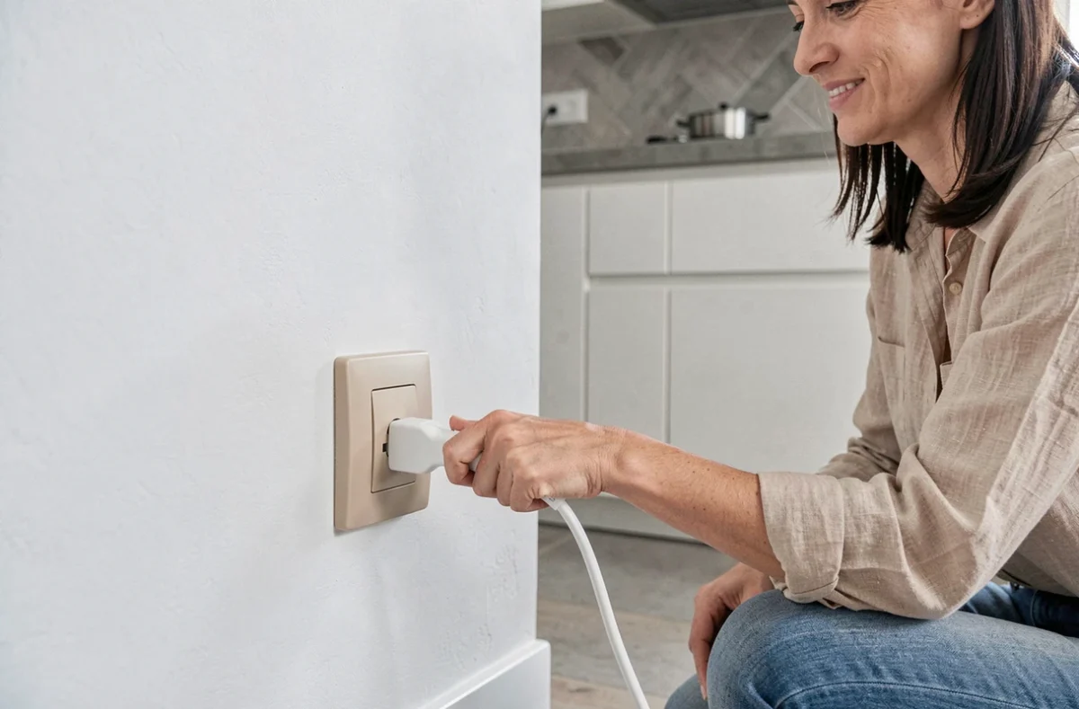 Prise électrique encastrée dans un mur blanc d'une cuisine moderne avec interrupteur assorti