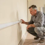 Électricien inspectant une prise électrique sur goulotte blanche dans un salon en cours de rénovation